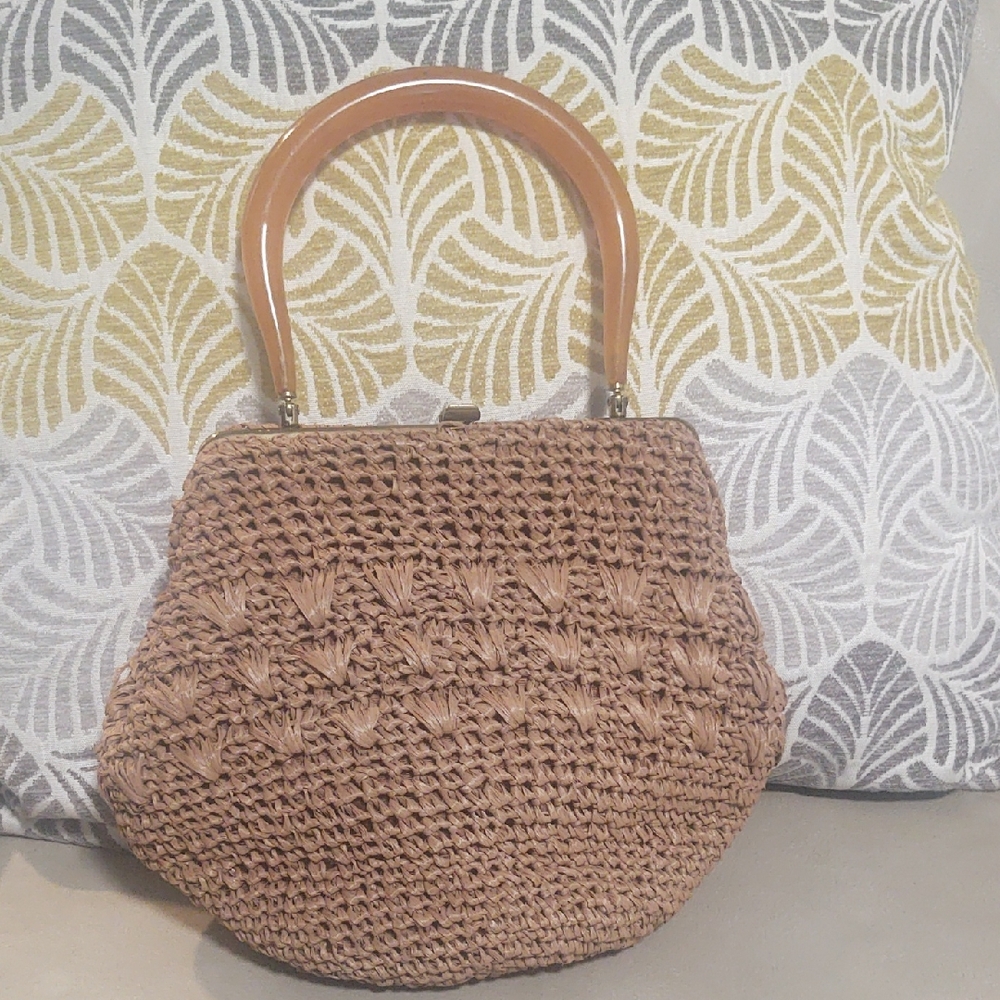 Chic Brown Woven Satchel with Wooden Handles